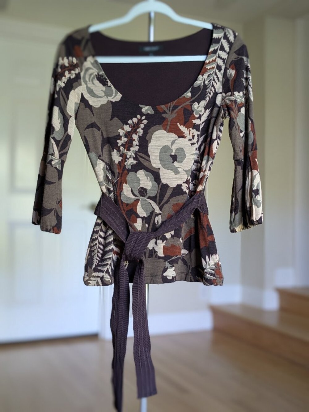 Karen Kane Floral Top Chocolate Brown & Cream wool-blend Size M